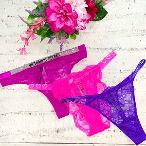 Pink Valentines Bundle of 3 VS Shine Strap Satin Lace Bling Panties